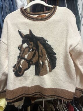 Belldini Cream Sweater with Brown and Black Horse Intarsia